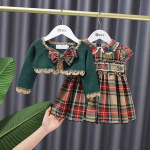 Babymeisje Spaanse jurken voor kinderen Lolita prinses baljurk zuigeling vintage plaid boutique jurk met gebreide vesten G1129