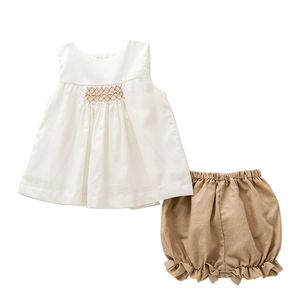 Baby Girl Summer Clothes Set Smocked Jurken Shorts Broek Kinderen Boutique Kleding Meisjes Smocking Cotton Linen Frocks Outfits 210615