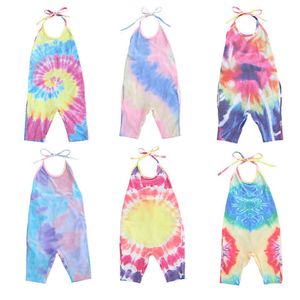 Baby meisje zomer jumpsuits kleurrijke riem blootgesteld terug van schouder romper mode peuter uit één stuk broek g220521