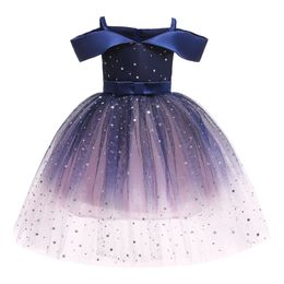 Baby meisje zomer prinses lovertjes jurk kinderen off-the-shoultulle jurk korte mouw geplooide rok kinderen kleding roze blauw paarse jurken