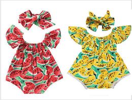 Baby Girl Summer Rompers Infant Casual Jumpsuit Bow Headbands 2pcsset Watermeloenprint Playsuit kleding Vliegende mouwen Outfits9254182