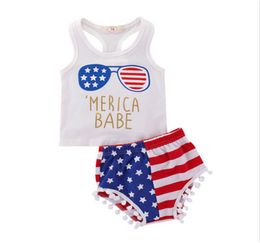 Traje de chaleco para niña Bandera estadounidense Día Nacional de la Independencia EE. UU. 4 de julio Tops sin mangas con rayas de estrellas Conjunto de pantalones cortos con borlas de dos piezas S6782747