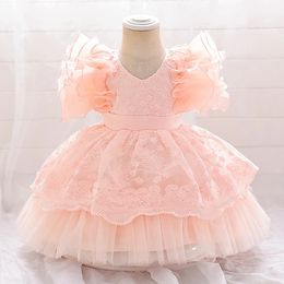 Baby Girl Wedding Princess Dress Kids Party Simple Mid-Kalf Ball Jurk kostuums Leuke Fairy Tale Style Mesh Puff Sleeve kleding 240523