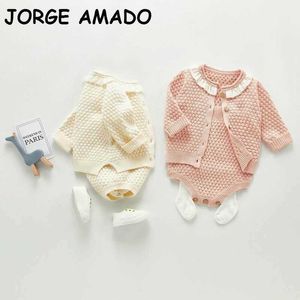 Baby Girl Winter Clothes Lace Collar Lange Mouw Sweater Jas + Romper Leuke 2 Stuk Sets Kinderen 0-3 jaar E20103 210610