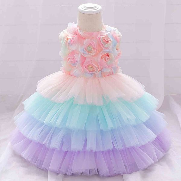 Vestido de fiesta de cumpleaños para niñas de 1 año de edad, vestido sin mangas de princesa con diseño de pétalos tridimensionales de arcoíris a juego G1129