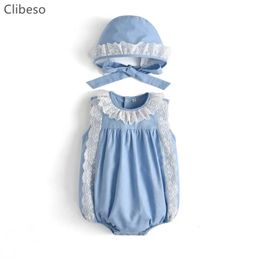 Barboteuse en lin bleu pour petites filles, body Boutique espagnole pour enfants, né en été, sans manches, bulles, cadeau d'anniversaire EID, 240110