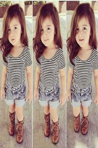 Baby Girls Boutique Clothing Set Strips Tops Denim Shorts Pantalon pour Summer Kid Body BodySuit Enfants Vêtements Cool tenue Set Play6940628