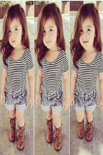 Baby Girls Boutique Clothing Set Strips Tops Denim Shorts Pantalon pour Summer Kid Body BodySuit Enfants Vêtements Cool tenue Set Play6940628