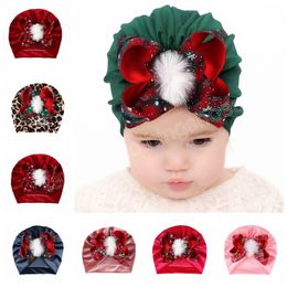 Babymeisjes bow knoop hoed met sneeuwvlokken kinderen zachte tulband fluwelen caps kinderen luipaard beanies kersthoofdcadeau
