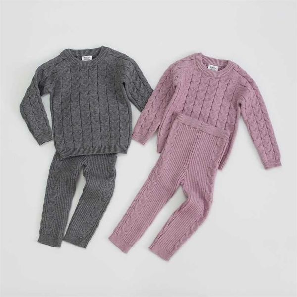 Baby Girls Boys Punto de punto Niños Niños Niños Conjuntos de ropa de tejido de invierno Suéter + Pantalones infantiles Niños Trajes Pink Gris 211201
