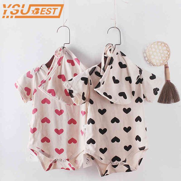 Bébé filles garçons barboteuse haute qualité mignon amour vêtements enfant en bas âge marque infantile belle coton + chapeau 2 pcs/lot 210429