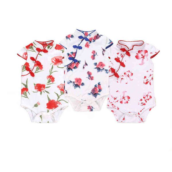 Bébé Filles Cheongsam À Manches Courtes Barboteuse Tenue Fleur Chinoise Imprimé Qipao Combinaison Une Pièce Sans Manches Festival D'été Robe G220223