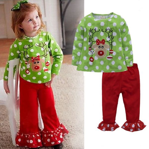 Bébé Filles Costumes De Noël Vêtements Costumes Renne Enfants T-Shirt Pantalon 2 Pcs Vêtements Ensemble Vert Rouge Dot Outfit Combinaison 210413