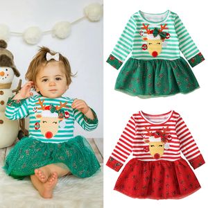 Vestido de Navidad para niñas bebés, manga larga, ciervos a rayas, estampado de alces, vestidos de princesa, falda corta de tul de encaje, ropa de Navidad para niños M654