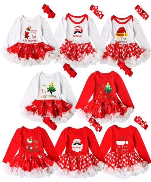 Niñas bebés Impresión navideña Vestido rojo 2ps conjuntos diadema con lazo de ganchillo Patrón de Navidad mameluco Bebés primeros regalos de Navidad lindo out7177820