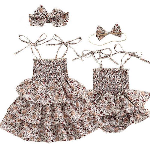 Bébé filles vêtements 2022 enfants Floral princesse robe bébé filles barboteuse été coréen bretelles robe frère et soeur tenue G220518