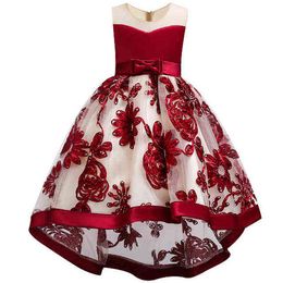 Baby meisjes kleding mode rode wijn borduurwerk bloem meisje jurk bruiloft slepen de vloer feestjurk 2018 nieuwe prinses jurken G1129
