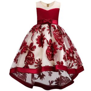 Baby meisjes kleding mode rode wijn borduurwerk bloem meisje jurk bruiloft slepen de vloer feestjurk nieuwe prinses jurken Q0716