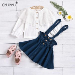 Ropa para niñas bebés Flor de encaje Top de manga larga + Traje de falda de tirantes de mezclilla Ropa para niños Ropa de primavera para niños pequeños Trajes para niñas X0902