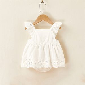 Babymeisjes kleren vliegende mouw kanten jurk bodysuits Koreaanse stijl peuter zomeroutfit 220426