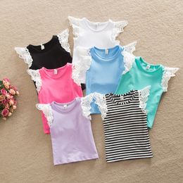 Baby meisjes kleding baby tank tops tees vliegende mouw pure katoenen kant shirt kinderen meisje gestreepte zachte vest zomer kleding 7 kleuren voor 0-5t