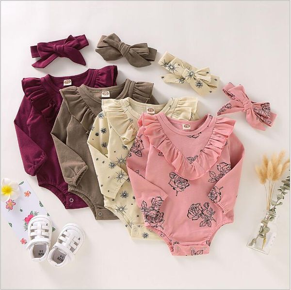 Bébé Filles Vêtements Enfants Fleurs Florales Barboteuses Bandeau Vêtements Ensembles Enfant À Volants Solide Combinaison Bandeau Tenues INS Triangle Onesie C6786