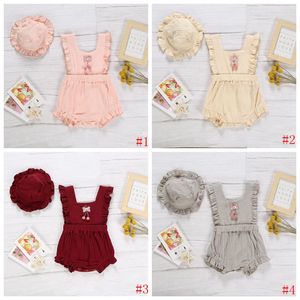 Bébé Filles Vêtements Enfants Volants Barboteuses Cap Vêtements Ensembles Infantile Coton Lin Solide Combinaisons Chapeaux Costumes D'été Sans Manches Onesies B849