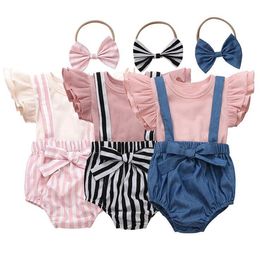 Baby meisjes kleding kinderen effen t-shirt jarretel shorts bowknot hoofdband kleding sets zomer fly mouw top gestreepte haarband pak cyp619