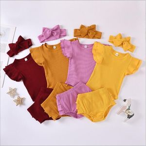 Baby meisjes kleding kinderen zomer fly mouw rompertjes bloeiers hoofdband kleding sets katoen effen jumpsuits slipje slipjes haarband past B7593