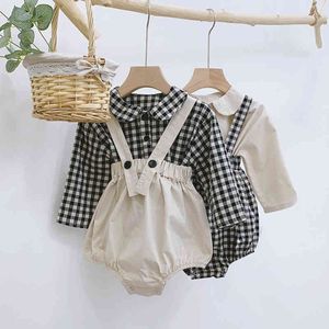 Conjunto de ropa para niñas, camisa con cuello de muñeca + trajes de monos, 2 piezas, conjunto de ropa para niños, recién nacido, niño coreano, moda para bebés, conjunto 210413