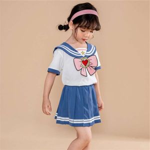 Babymeisjes kleren Set zomer Sailor Suite Kid's geplooide JK Uniform Toddler Girl Bownot Top gestreepte rok Preepy Style