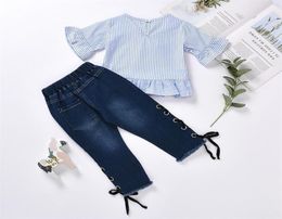 Bébé filles vêtements ensemble infantile rayé à manches courtes haut enfants vêtements de créateurs enfant en bas âge bébé tenues trou côté Denim pantalon Boutique 7406809