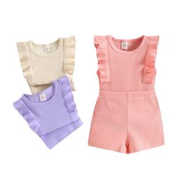 Zomer babymeisjes geribbelde kledingset massieve kleur zachte katoenen kinderen gegolfde outfits vlieg mouw shorts kledingpak M4162