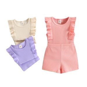 Été bébé filles côtelé vêtements ensemble couleur unie doux coton enfants à volants tenues mouche manches Shorts vêtements costume M4162