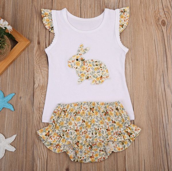 Baby Girls Vêtements Ensembles Lapin Appliqued Chemises Courtes 2PCS Ensembles Sans Manches Floral Filles Tenues Bébé Enfants Vêtements 2 Modèles DHW2024