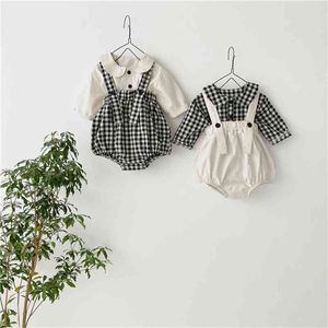 Baby Meisjes Leuke Doll Shirt en Plaid Bodysuit 2 stks Past Baby Katoen All-match Outfits Infant Kinderkleding Sets 210508