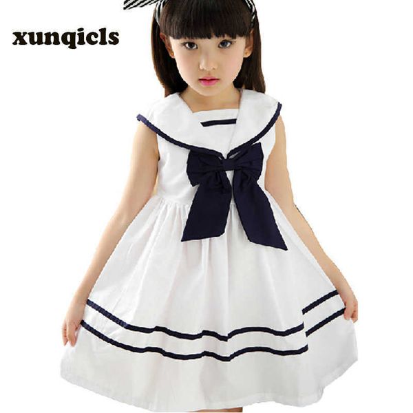 Vestido de niñas Bowknot Niños Vestidos marineros Sin mangas Algodón Verano Niños Ropa de niña Q0716