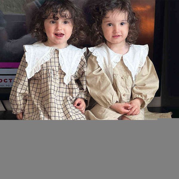 Bébé filles robe décontractée vêtements à carreaux été 2022 nouveau coréen coton lin filles robe de princesse grand col rabattu robe Y220819