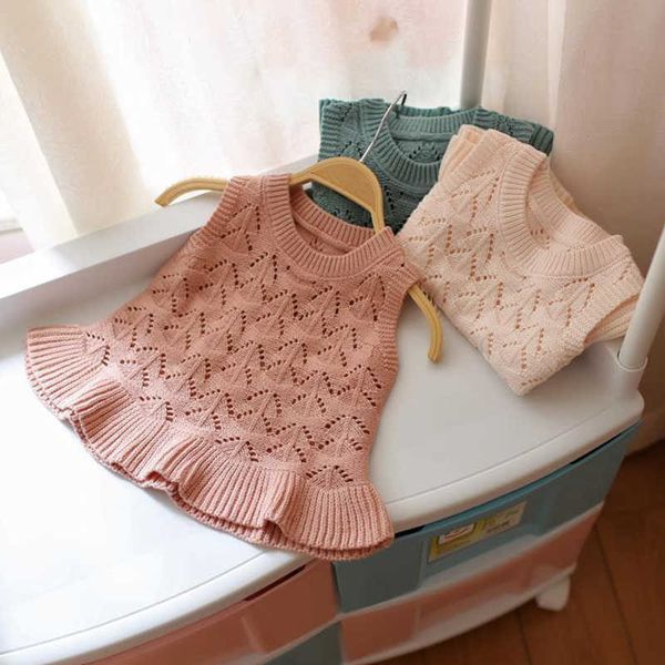 Vestido para niñas pequeñas, chaleco tejido de lana para niños, vestidos de princesa para niños pequeños con volantes de primavera, ropa informal sin mangas calada para niños Q0716