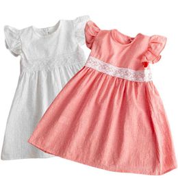 Baby meisjes jurk kleding kant vliegmouwen pure kleur katoen linnen casual jurk knielengte kinderen kleding prinses jurk G1215