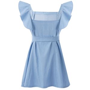 Baby meisjes jurk zomer nieuwe denim kinderen mode ruche schouderriem mouwloze kinderen meisje casual met riem Q0716