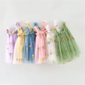 Babymeisjes jurken schattige zomer Kinderkleding Flowars borduurwerk Mesh Dress Mouwloze Suspender 6colors beschikbaar