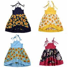 Baby meisjes jurken bloem zonnebloem jurk gedrukt jarretel rok kinderen boutique prinses jurk zomer casual onregelmatige mode jurken C5747
