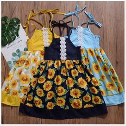 Baby meisjes jurken bloem zonnebloem jurk gedrukt jarretel rok kinderen boutique prinses jurk zomer casual onregelmatige mode jurken B5747