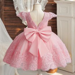 Baby Girls Robes pour 1ère fête d'anniversaire Backless broderie Elegant Big Bow Wedding Tutu Gown Gown Pink Gala formel Gala Costume 240518