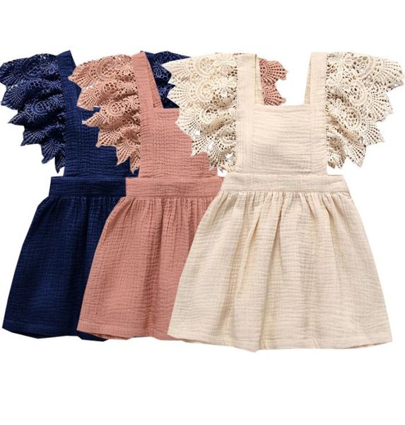 Robes de bébé filles enfants manches en dentelle solide coton doux lin dos robe avec nœud papillon 2019 nouvelle mode d'été enfants robe en dentelle Clothin8225830