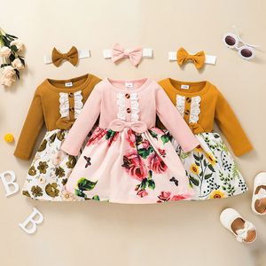 Baby Girls Robes Dentelle Garniture Fleur Imprimer Imprimer 2021 Enfants Boutique Vêtements Coréen 0-3T Enfants Robe à manches longues