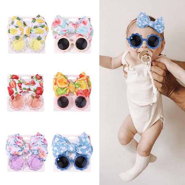 Bébé filles bandeau élastique noeud papillon bandes de cheveux tout-petits 2 pièces/ensemble lunettes de soleil rondes été Boho mignon belle fleur colorée fruits accessoires de plage en plein air Z010