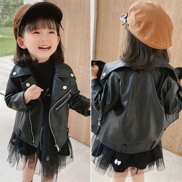 Baby Girls Faux Chaqueta de cuero con cremallera Fly Coat para color sólido Primavera para niños Otoño Ropa para niños Niña 211204