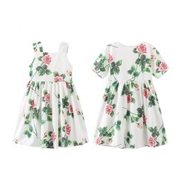 Bébé filles imprimé floral à manches courtes et gilet robes enfants robe de princesse plissée à volants enfants designer boutique tissu 2053 Y2